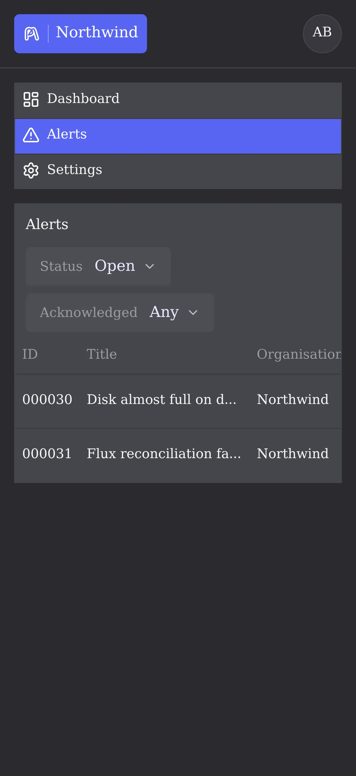 Pagera alerts on a phone for one organisation.