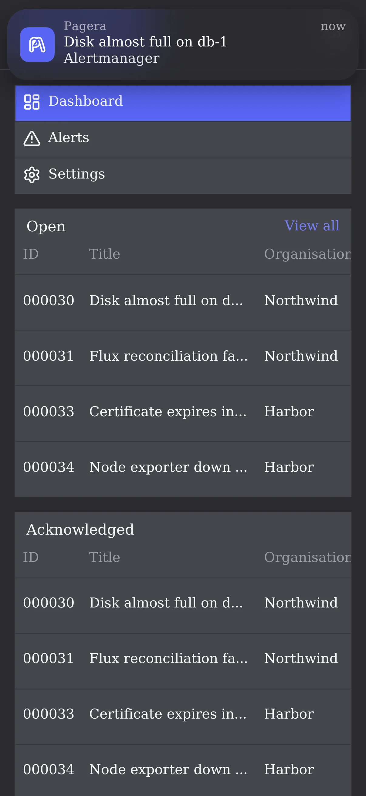 An iOS notification for Disk almost full on db-1 above the Pagera dashboard on a phone.